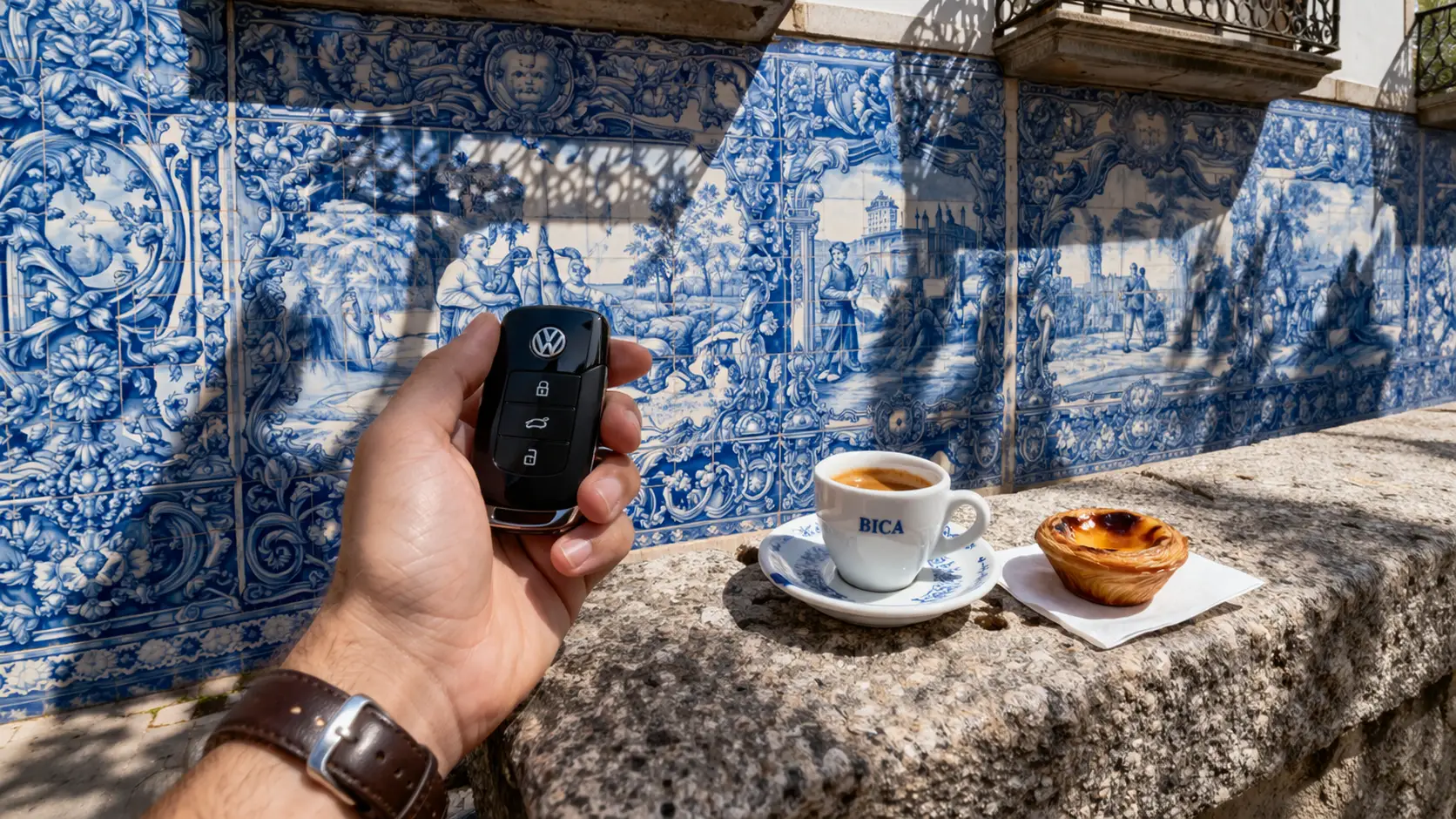 Chaves de carro e cenário de férias na Madeira